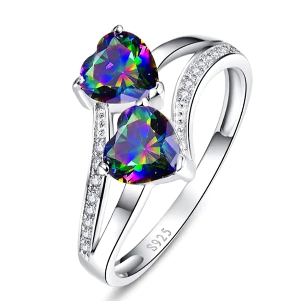 S925 Sterling Silver LC Rainbow Mystic Topaz "I Love You More" Heart Ring